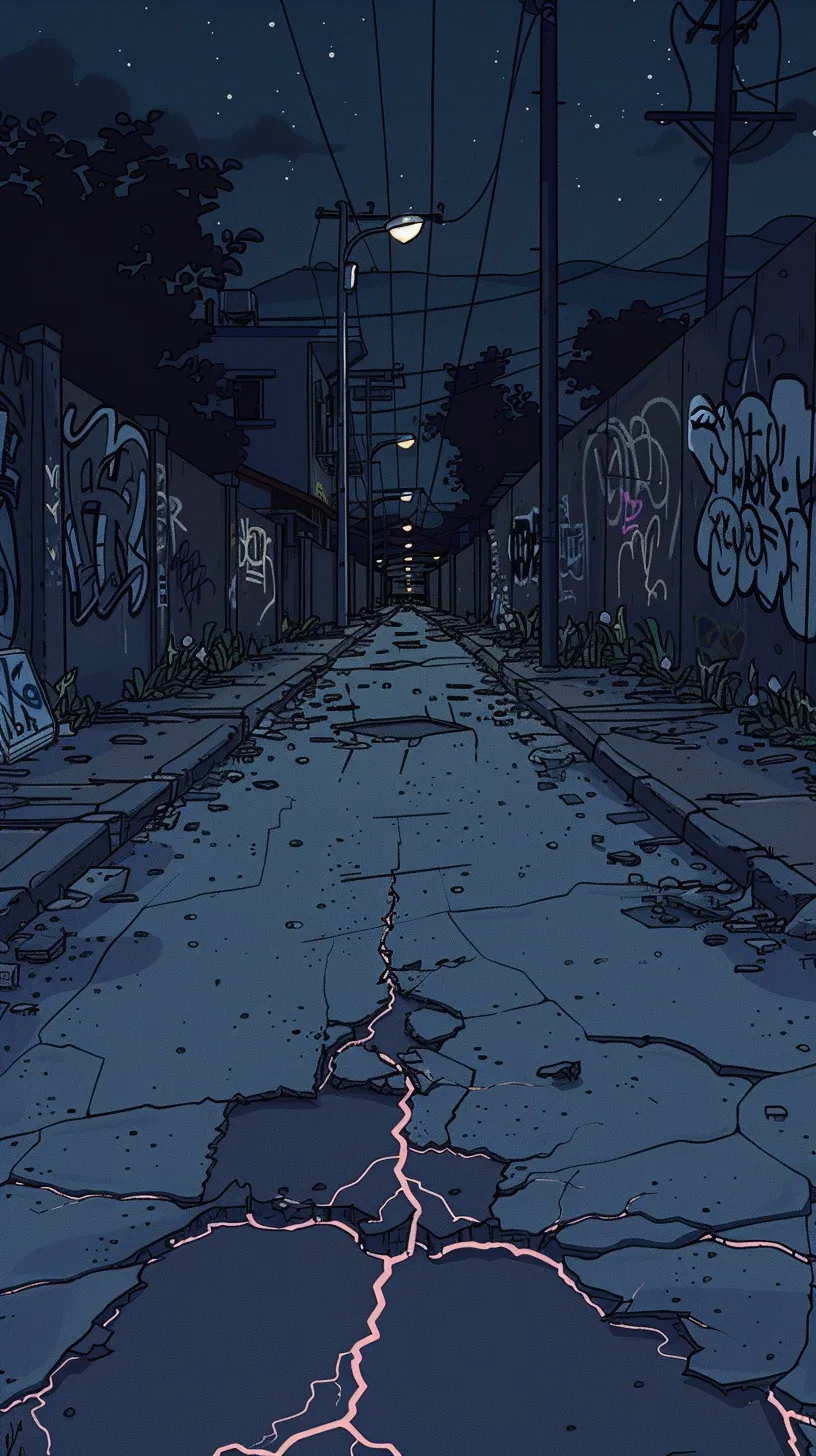 A street at night between two graffitied walls, its lamps receding to a vanishing point. A pale crack runs across the asphalt in the foreground.