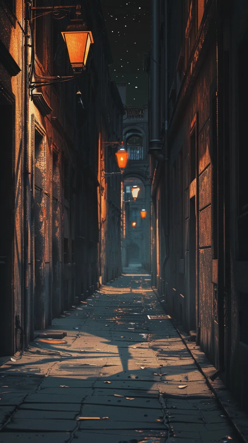 A narrow alley at night, lit by a line of amber lanterns hanging one after another into the distance.