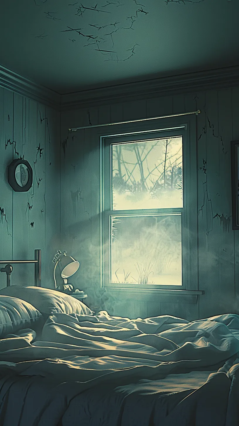 A bedroom with the bed left unmade, daylight and bare branches in the window. Cracks spread across the ceiling and the walls.