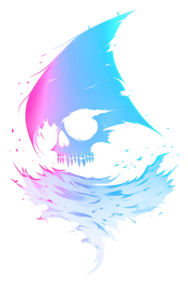 A skull whose silhouette is a torn sail, rising from breaking waves